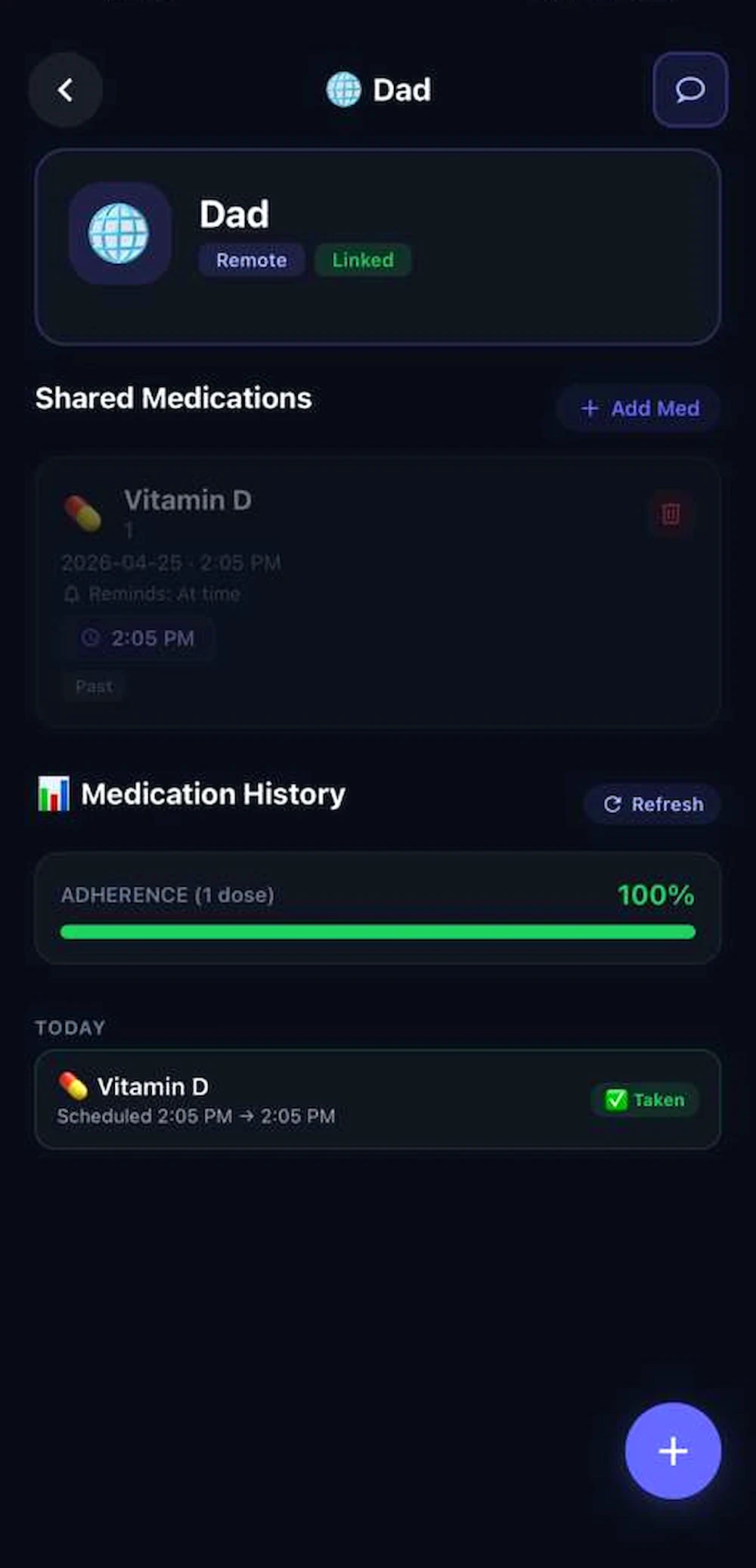 Caregiver dashboard showing a linked parent account named Dad, with shared medications, 100% adherence over the last dose, and today's Vitamin D entry marked as Taken