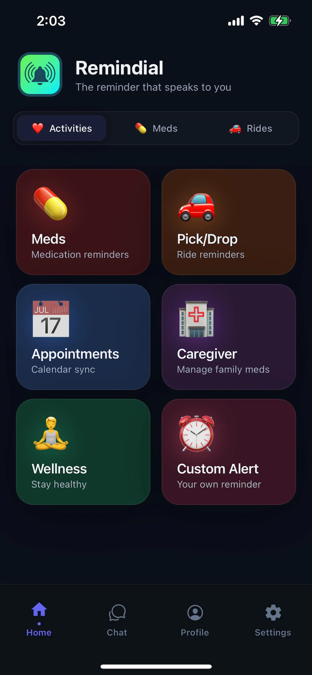 Remindial home screen showing medication, school pickup, and carpool reminders