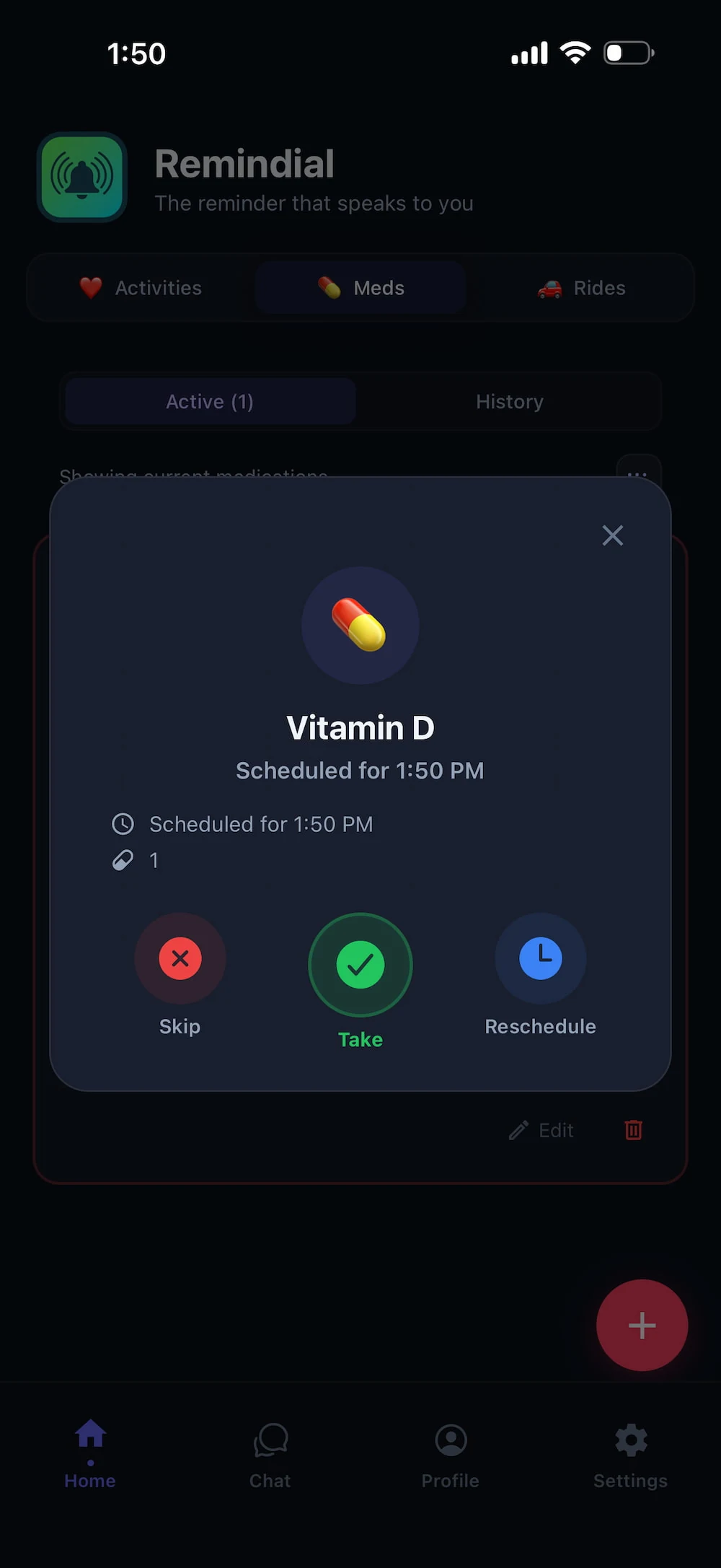 Remindial reminder modal with Take, Skip, and Reschedule options